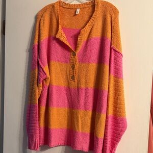 Wishlist Pink and Orange Striped V-Neck Sweater